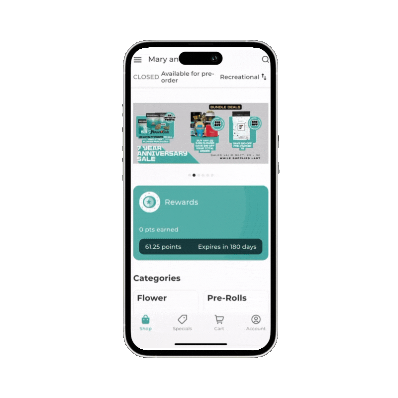 Mary and Main mobile app showing the rewards balance and shopping menu